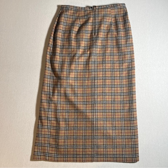 Vintage Chandler Hill Wool Blend Plaid Faux Wrap Midi Skirt- Tan/Beige, Size 14 - Picture 4 of 7